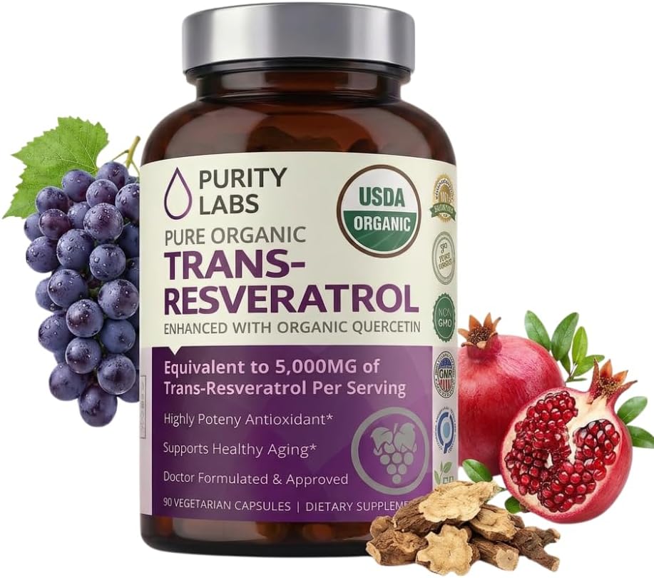 Purity Labs Trans-Resveratrol Supplement 5, 000 mg Equivalent per Serving with Quercetin, USDA Organic High Potency Antioxidant, Vegan Capsules