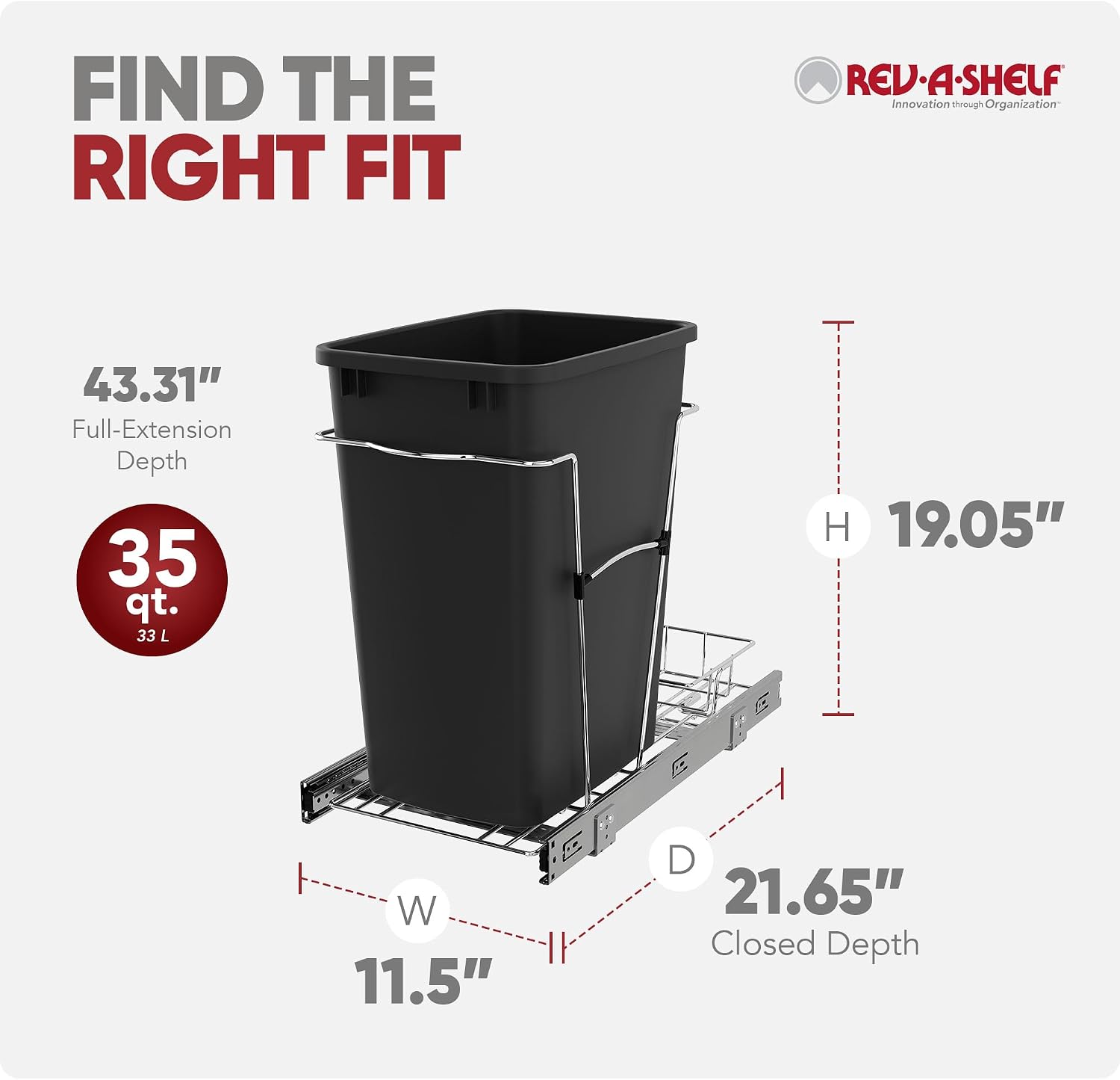 Rev-A-Shelf Pullout Trash Can for Kitchen Cabinets, Black Waste Bin, 35 Qt | Large Capacity Garbage/ Recycling Waste Container, Heavy Gauge Metal Wire Construction w/Full Extension Slides, RV-12KD-18C S
