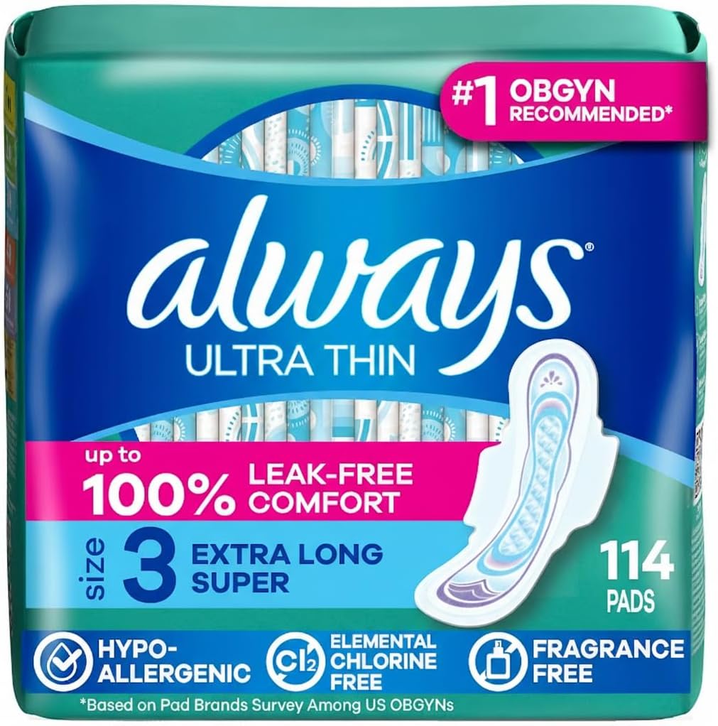 Always Ultra Thin Feminine Pads with Wings for Women, Size 3, Extra Long Super Absorbency, Unscented, Up to 100% Leak-Free Protection, 84 Count Total