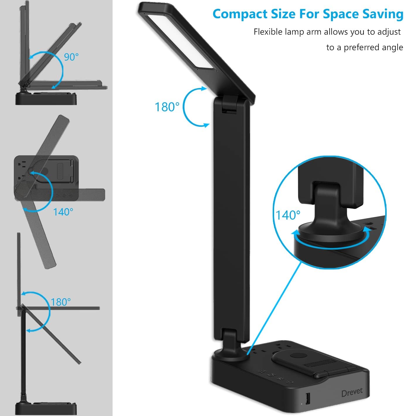 Drevet LED Desk Lamp for College Dorm Room, Desk Light with 1 USB Charging Port 2 AC Power Outlet, 3 Lighting Modes, 3 Level Brightness Touch Lamp