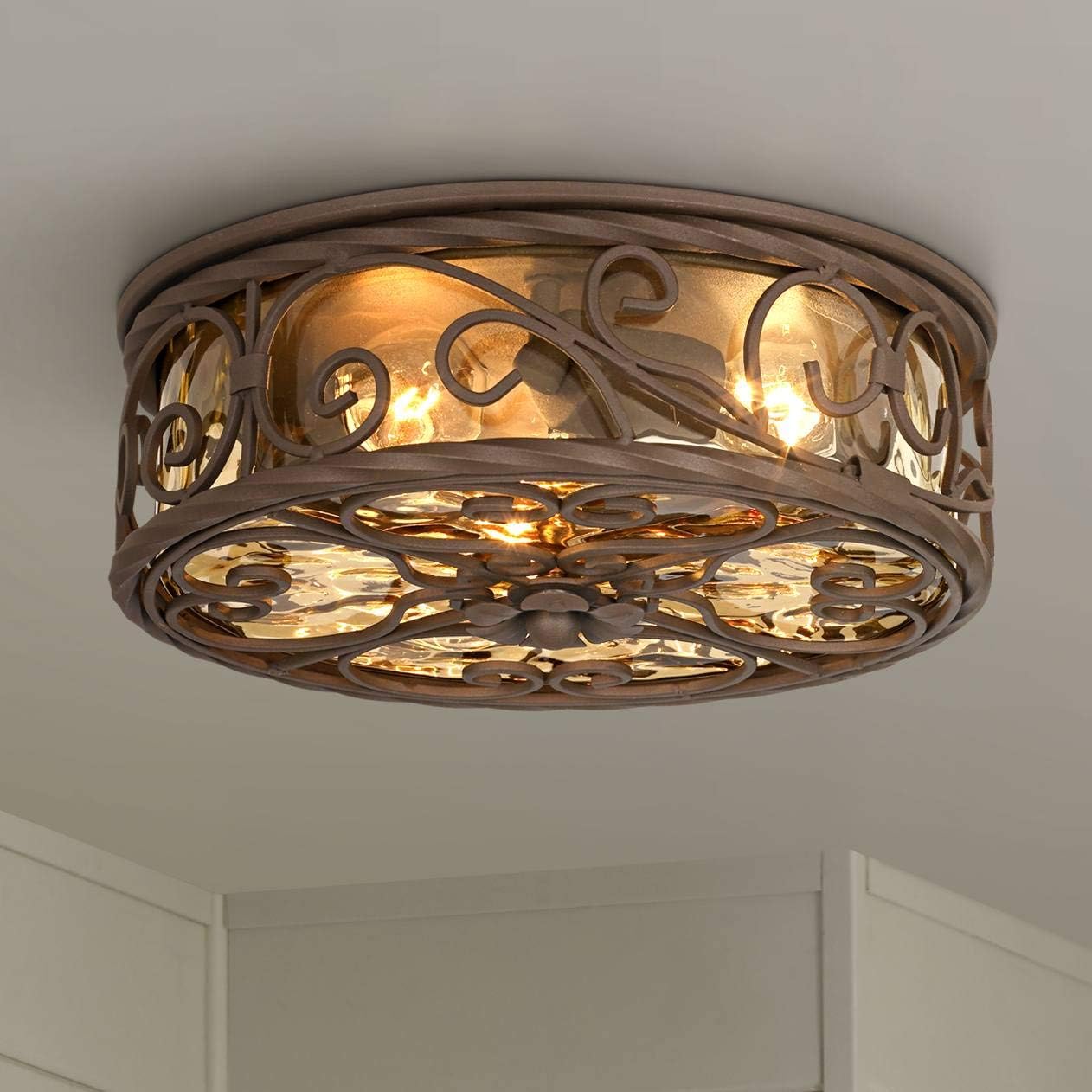 Casa Seville 12" Walnut Rustic Indoor-Outdoor Ceiling Light Fixture | Flush-Mount Dark Scroll Water Glass Damp Rated for Exterior House Porch Patio Outside Deck Garage Front Door Home