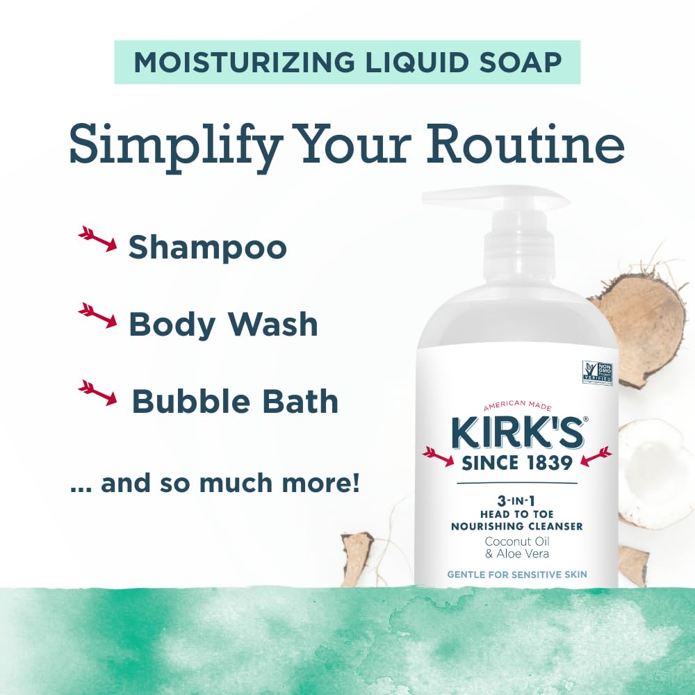 Kirk's Juniper & Lime​ 3-in-1 Nourishing Cleanser, Shampoo Body Wash Bubble Bath, Coconut Oil and Aloe Vera, Vegan Non-GMO, 32 Fl Oz