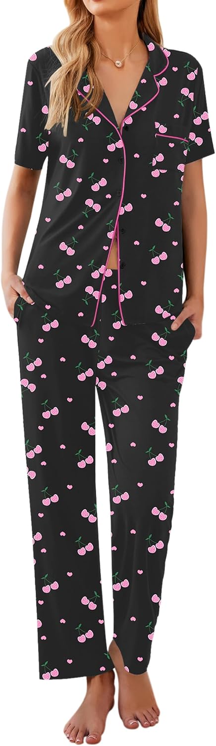 Ekouaer Womens Pajamas Set Short Sleeve Button Down Top & Pants Lounge Pjs