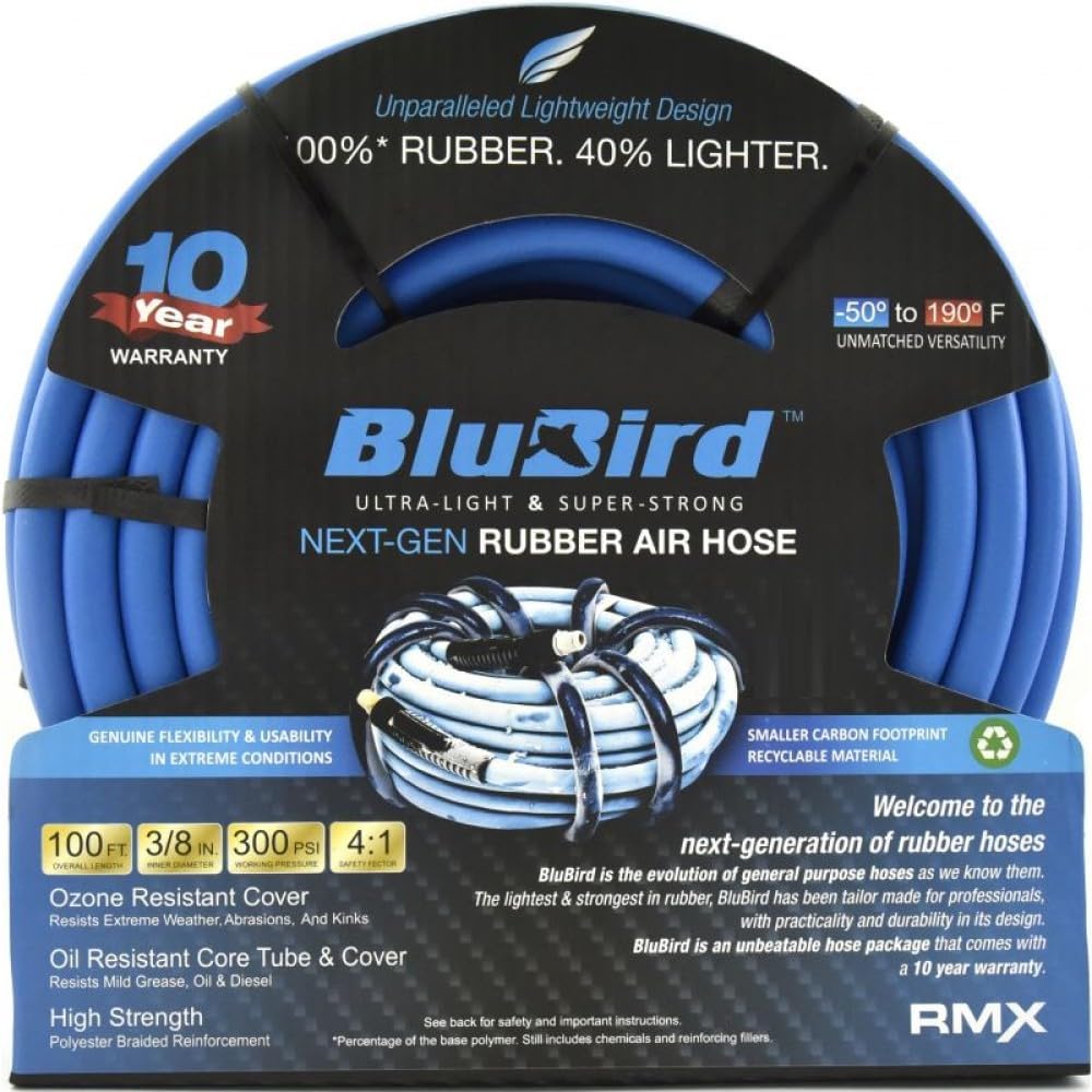 BLUBIRD BB3850 3/8" x 50' Rubber Air Hose, 100% Rubber, Lightest, Strongest, Most Flexible, 300 PSI, 50F to 190F Degrees, Ozone Resistant, High Strength Polyester Braided | High-Performance Pneumatic Hose for Automotive Construction & Industrial, Durable…
