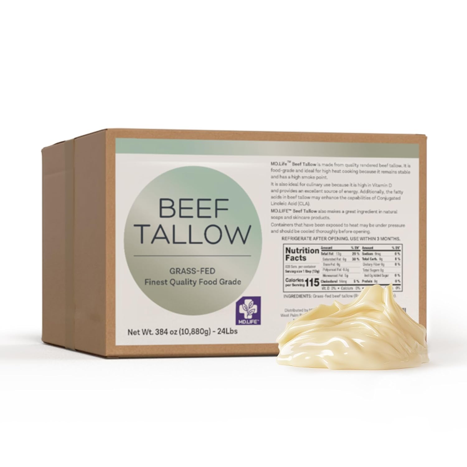 MD. Life Beef Tallow for Cooking - Food Grade Grass Fed Beef Tallow for Cooking Oil Replacement - 28 Ounce - Pasture Raised Keto Friendly Beef Tallow- Used to Make Candles & Soap