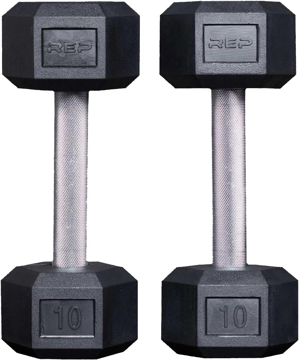 Rep Fitness Rubber Hex Dumbbell(s) - Singles (55LB +) and Pairs (5LB - 50LB) - Low Odor, Fully Knurled Handle