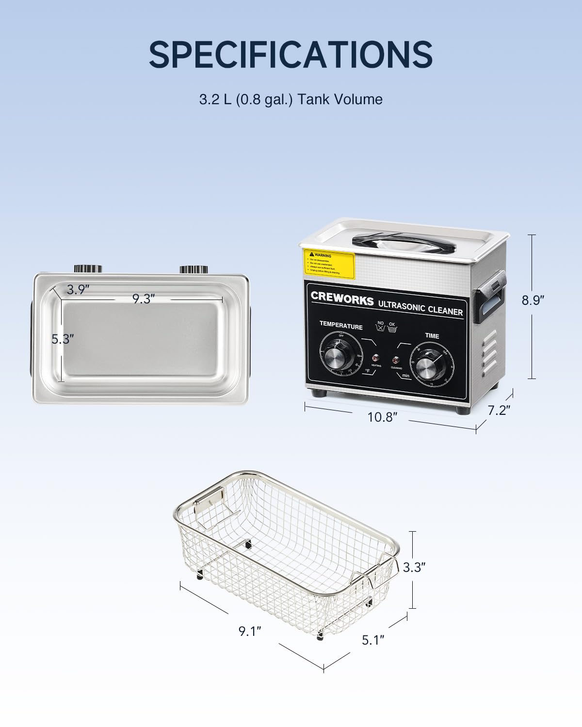 CREWORKS 3.2L Ultra Sonic Cleaning Machine - 120W Cavitation 100W Heat