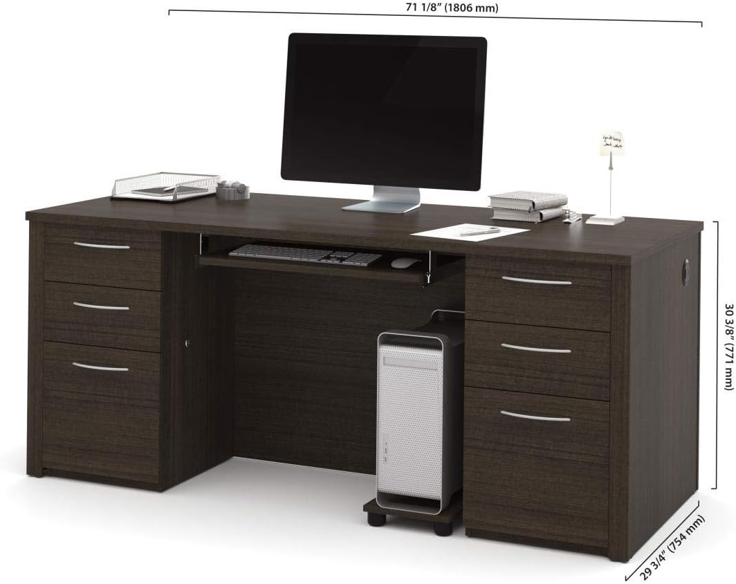 Bestar Executive Desk with Two Pedestals, 72W, Dark Chocolate, Embassy, 72W | With Two Pedestals, with Desk Shell, Keyboard Tray, CPU Stand