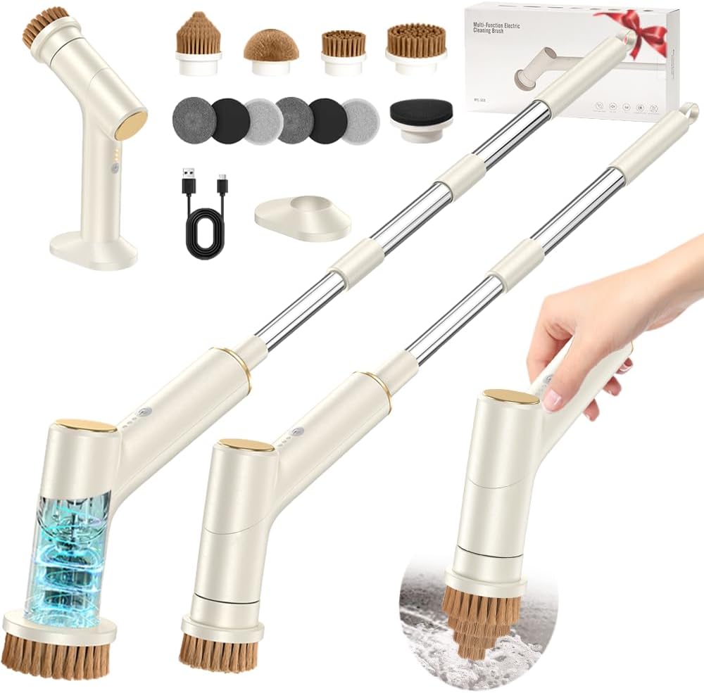 Electric Spin Scrubber, 2600mAh Battery with Extra-Long Runtime, 10 Brush Heads, IPX7 Waterproof Power Shower Scrubber with Long Handle