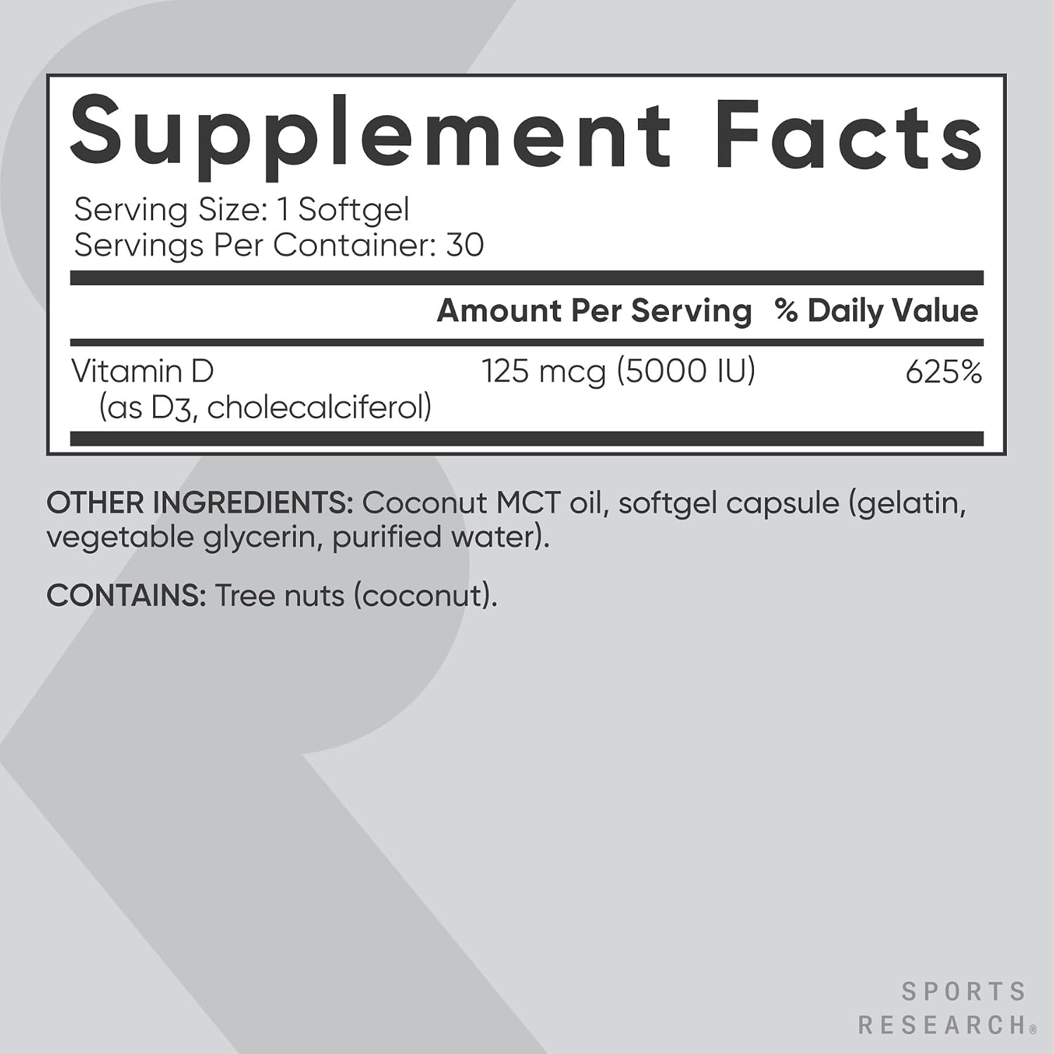 Sports Research® Vitamin D3 5000iu/125mcg with Coconut Oil, 360 Softgels | Extra Strength Vitamin D Supplement | Immune, Bone, Mood Support | Non-GMO, Soy Free - 360 Servings