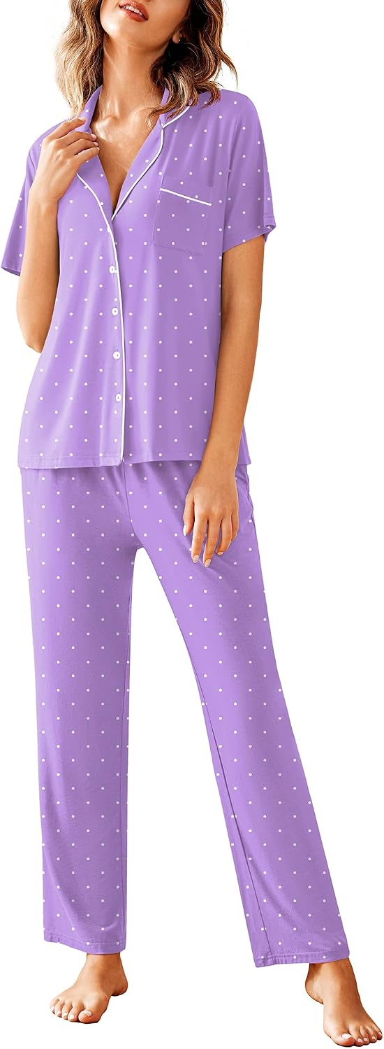 Avidlove Women Pajamas Set Notch Collar Soft Sleepwear Pjs Short Sleeve Button Down Nightwear with Long Pants
