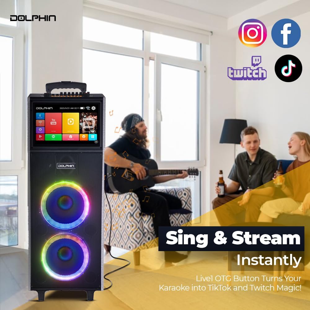 Dolphin KB-2100R Karaoke Machine with 2 Wireless Mics, Dual 10" Woofers | 14" Touchscreen, Android 11.1, Bluetooth, USB, TF, FM & AUX Inputs