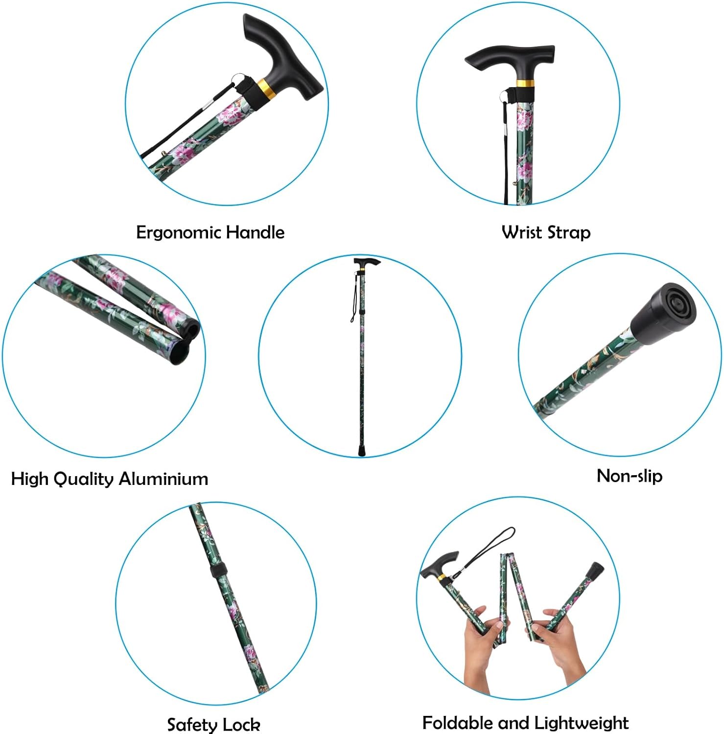 Folding Lightweight Walking Stick - Adjustable Aluminum Metal Collapsible Travel Cane with Non-Slip Rubber Base