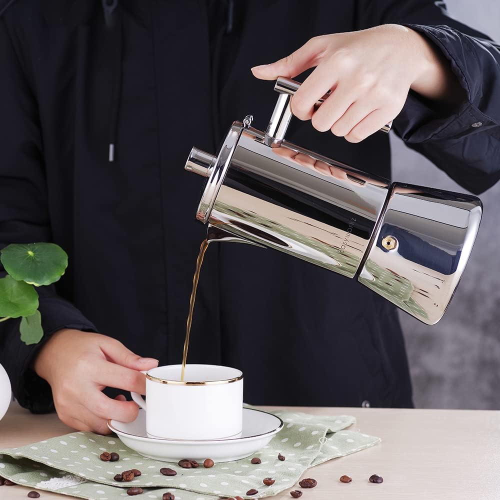 Easyworkz Diego Stovetop Espresso Maker Stainless Steel Italian Coffee Machine Maker 6Cup 10 oz Moka Pot Induction Espresso Pot