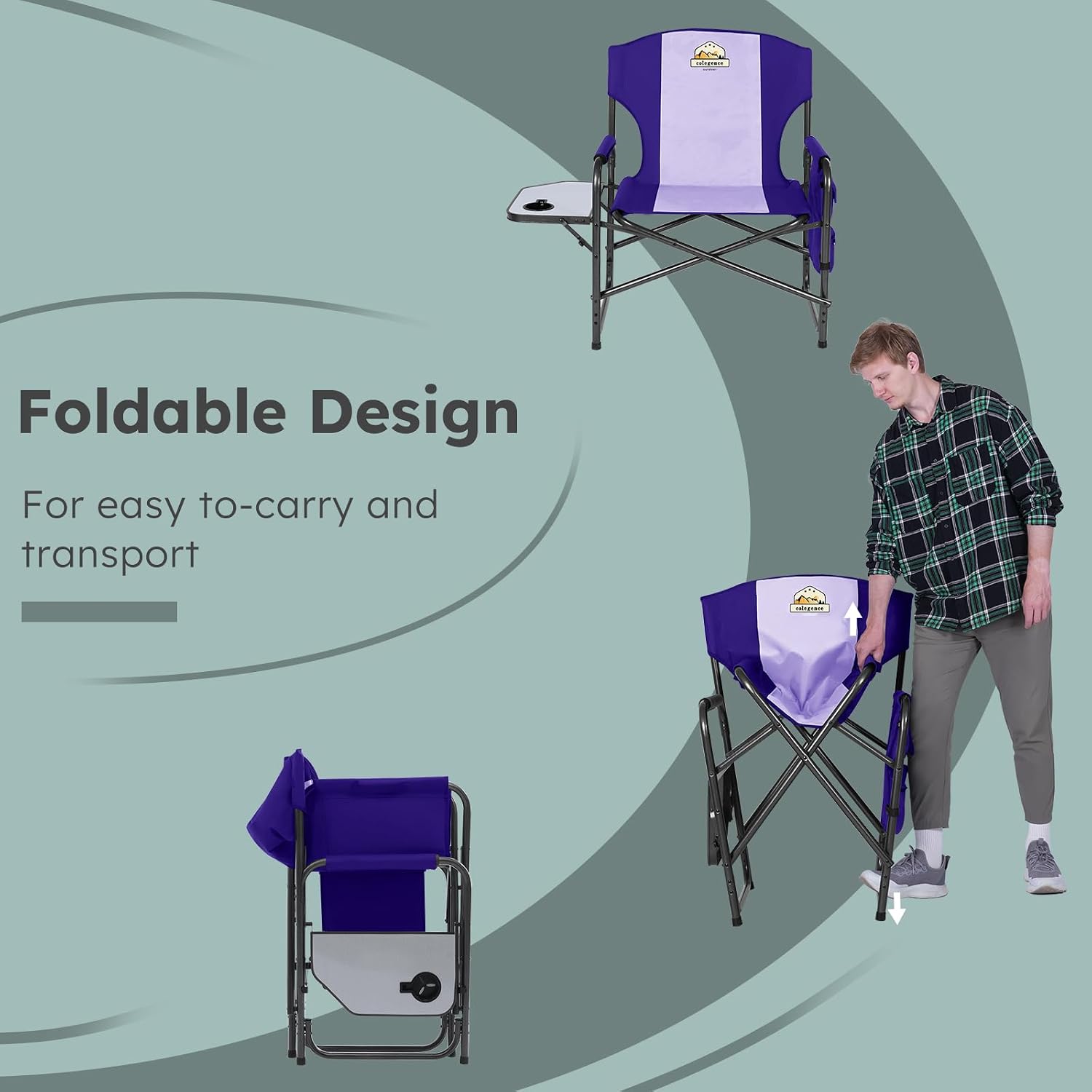 Colegence Oversized Directors Camping Chair for Adults, 600 lb, Black | Heavy duty folding outdoor chair with 28" wide seat, supportive back, side table, cup holder and detachable storage pocket