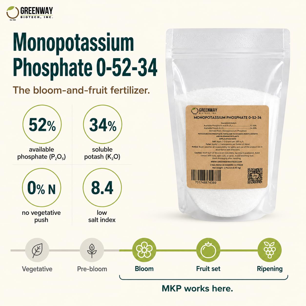 Greenway Biotech, Inc. Monopotassium Phosphate Fertilizer 0-52-34-100% Water Soluble Hydroponics for Root Strength - Increase Yield and Blooming - High Purity Plant Nutrient Formula - 2 Pounds