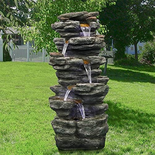PeterIvan Outdoor Relaxing Waterfall - 6-Tier Fountain with 6 LED Lights, Stone-Liking Resin for Patio, Garden, House&Office (40.6in, Grey)