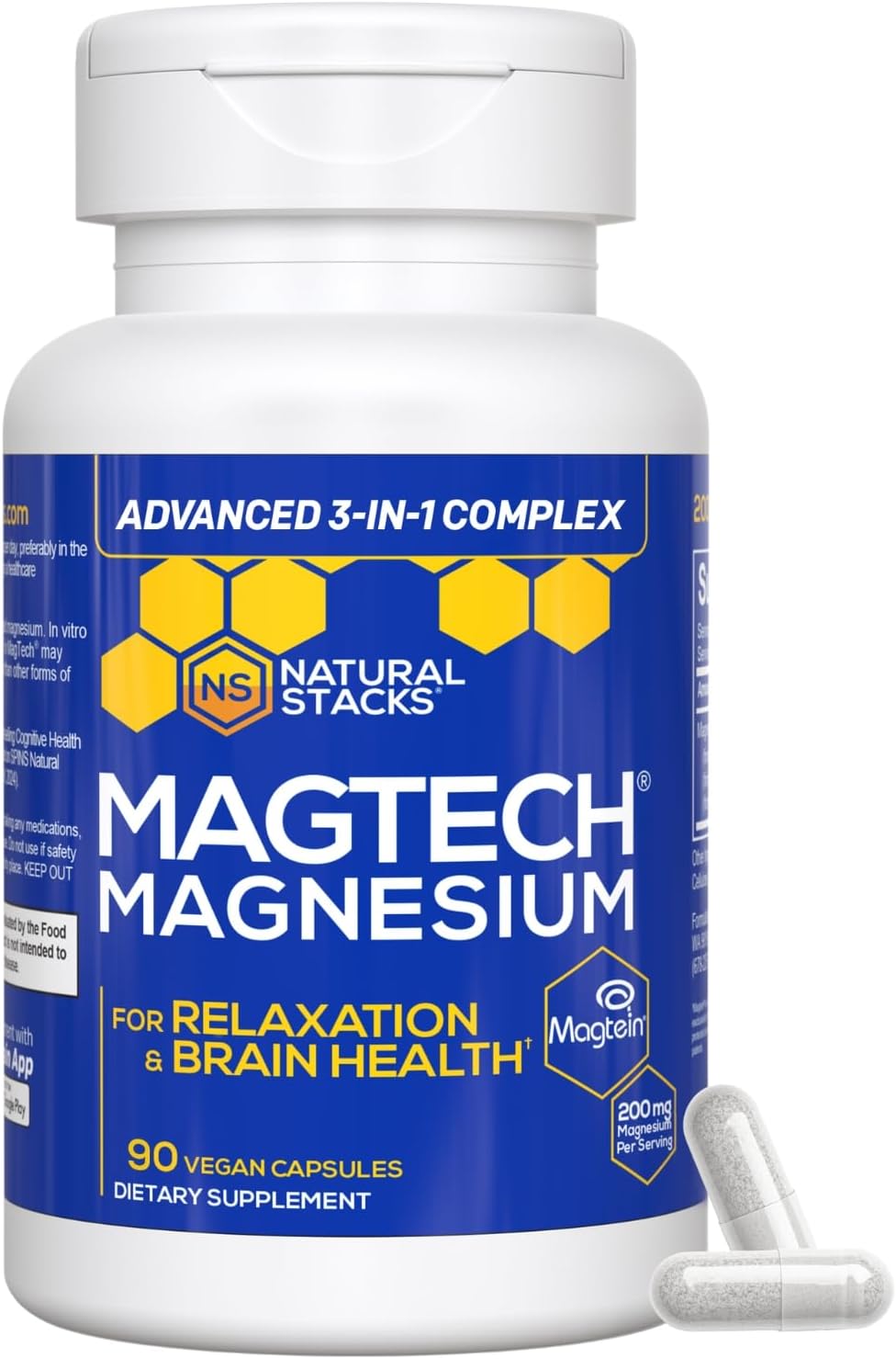 MagTech Magnesium Complex Glycinate, L-Threonate and Taurate, 90 Capsules | Advanced 3 in 1 200mg Chelated Triple Blend w/ Magtein - Supports Relaxation & Brain Health for Women & Men - Natural Stacks