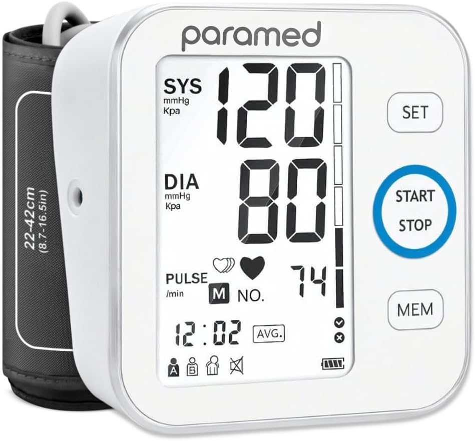 Paramed Blood Pressure Monitor - Bp Machine - Automatic Upper Arm Blood Pressure Cuff 8.7-16.5 inches - Large LCD Display 120 Sets Memory - Device
