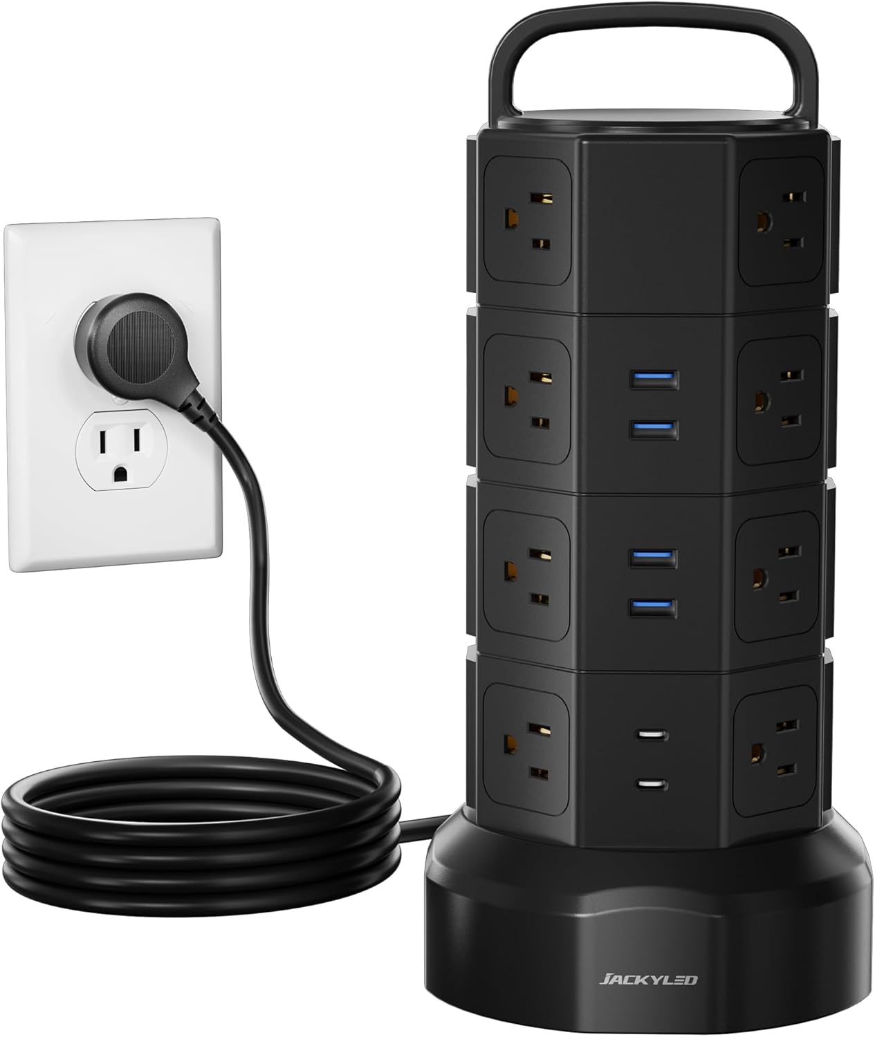 JACKYLED Power Strip Tower Surge Protector, 12 AC 6 USB (2 USB C), 1050J