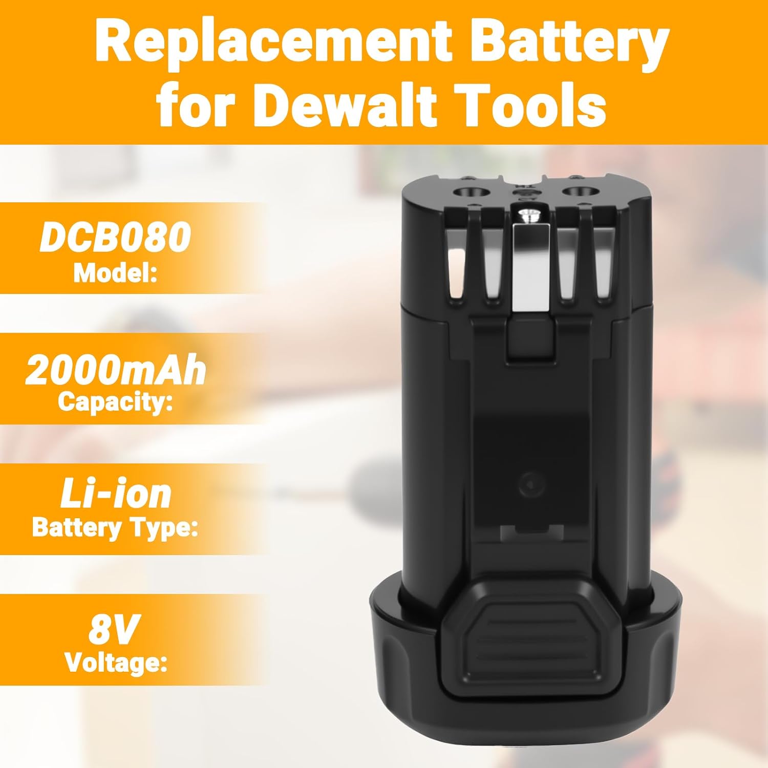 Joiry 8V 2000mAh Li-ion Replacement Battery with Higher Safety & Longer Runtime - Compatible with Dewalt DCB080, DW4390, DCF680N1, DCF680N2 DCF680G2 Cordless Power Tools (1-Pack)