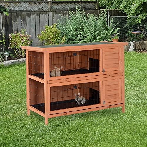 PawHut 54" 2-Story Large Rabbit Hutch Bunny Cage Wooden Pet House Small Animal Habitat with Lockable Doors, No Leak Tray and waterproof Roof for Outdoor/Indoor Orange | Wooden Pet House, Small Animal Habitat, No Leak Tray, Waterproof Roof, for Chickens D…