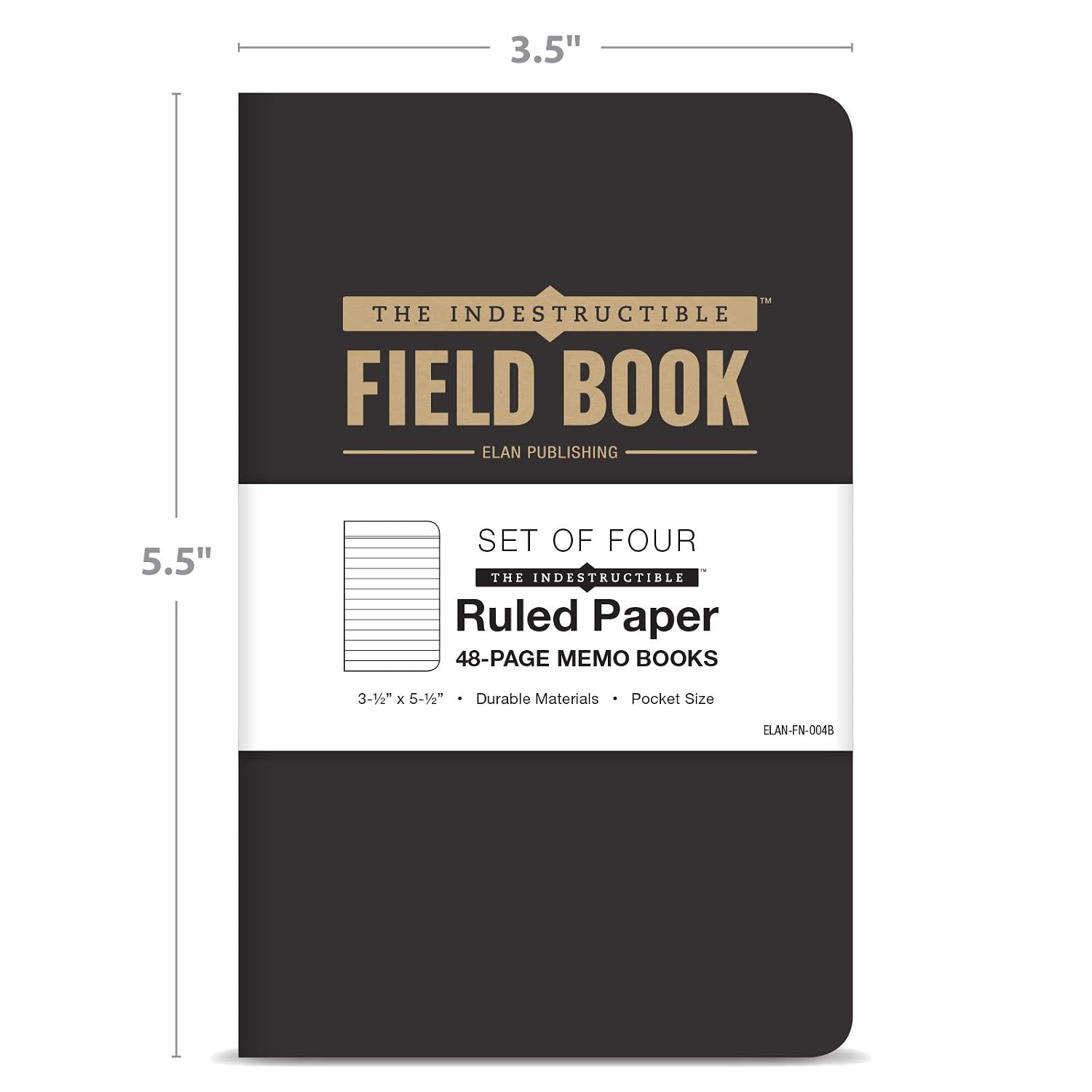 Elan Publishing Company The Indestructible, Waterproof, Tearproof, Weatherproof Field Notebook - 3.5"x5.5" - Black- Lined Memo Book - Pack of 4