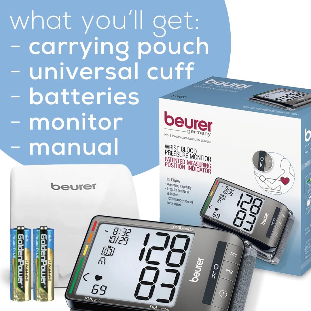 Beurer BC81 Wrist Blood Pressure Monitor – XL Display, Arrhythmia Detection, 120 Memory Sets – XL Blood Pressure Cuff Wrist for Home Use
