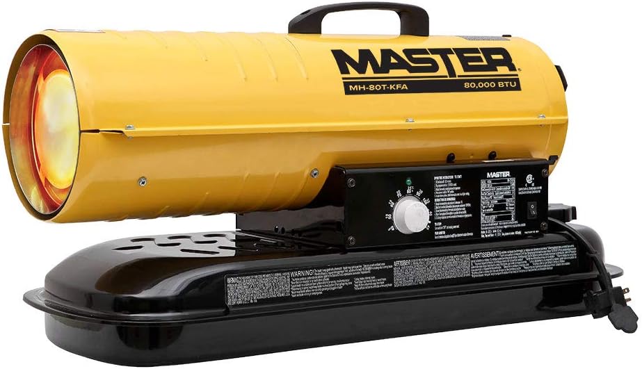 Master MH-80T-KFA 80, 000 BTU Kerosene/Diesel Portable Gas Forced Air Heater w/Thermostat - 1/8hp Floor Mount Salamander Heater Fan for Workshop