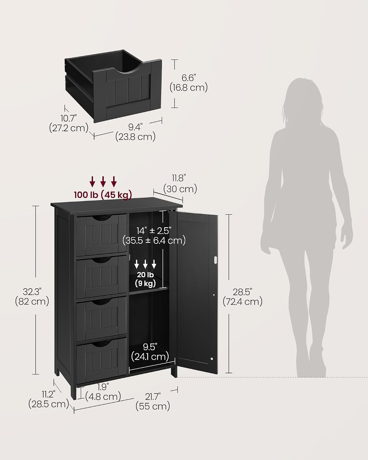 VASAGLE Floor Storage Cabinet, Freestanding Storage Unit with 2 Adjustable Shelves, for Bathroom Living Room Dining Kitchen, 11.8 x 23.6 x 31.5 Inches, Cloud White UBCB60WV1