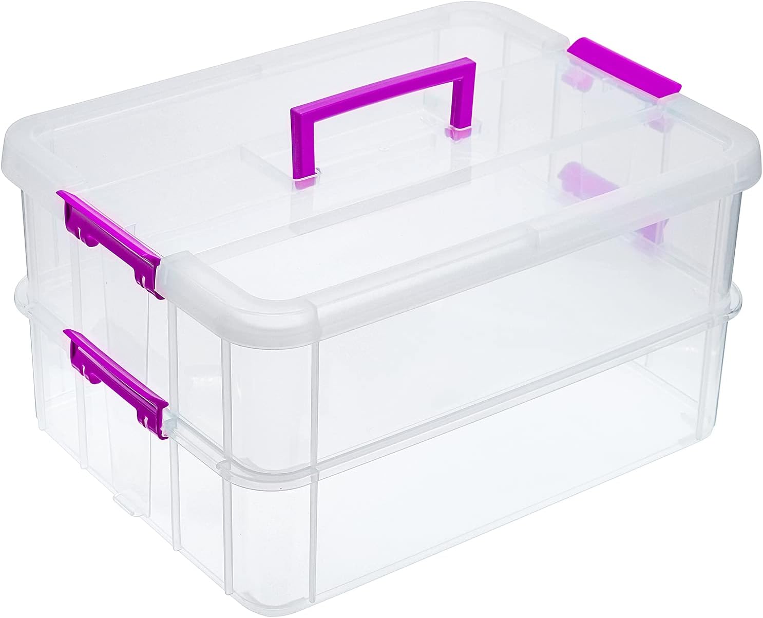 JUXYES 2-Tiers Plastic Stack Carry Storage Containers Box wih Handle Lids