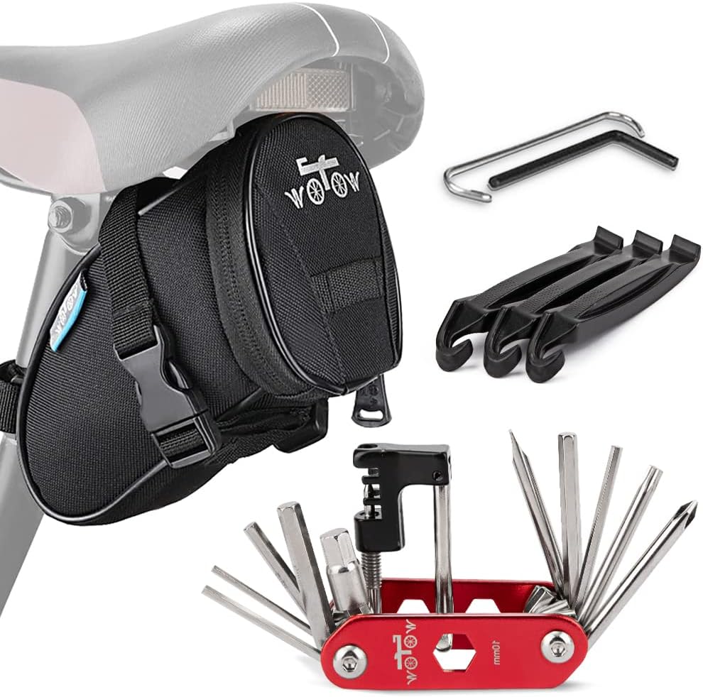 14 in 1 Bike Repair Tool Kit & Bike Saddle Bag | Bike Chain Tool Hex Key Wrench Maintain Accessories Multitool Set, Portable Under Seat Bag for Road Mountain Commuter Bicycle