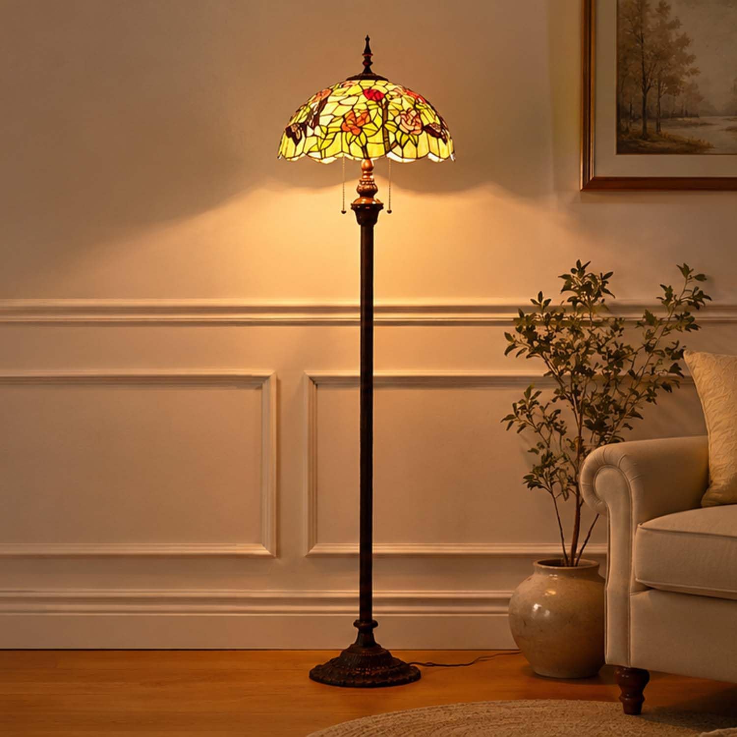 Bieye L11408 Butterfly Tiffany Style Stained Glass Floor Lamp with 16-inch Wide Handmade Lampshade Metal Base for Bedroom Living Room, 59-inch Tall