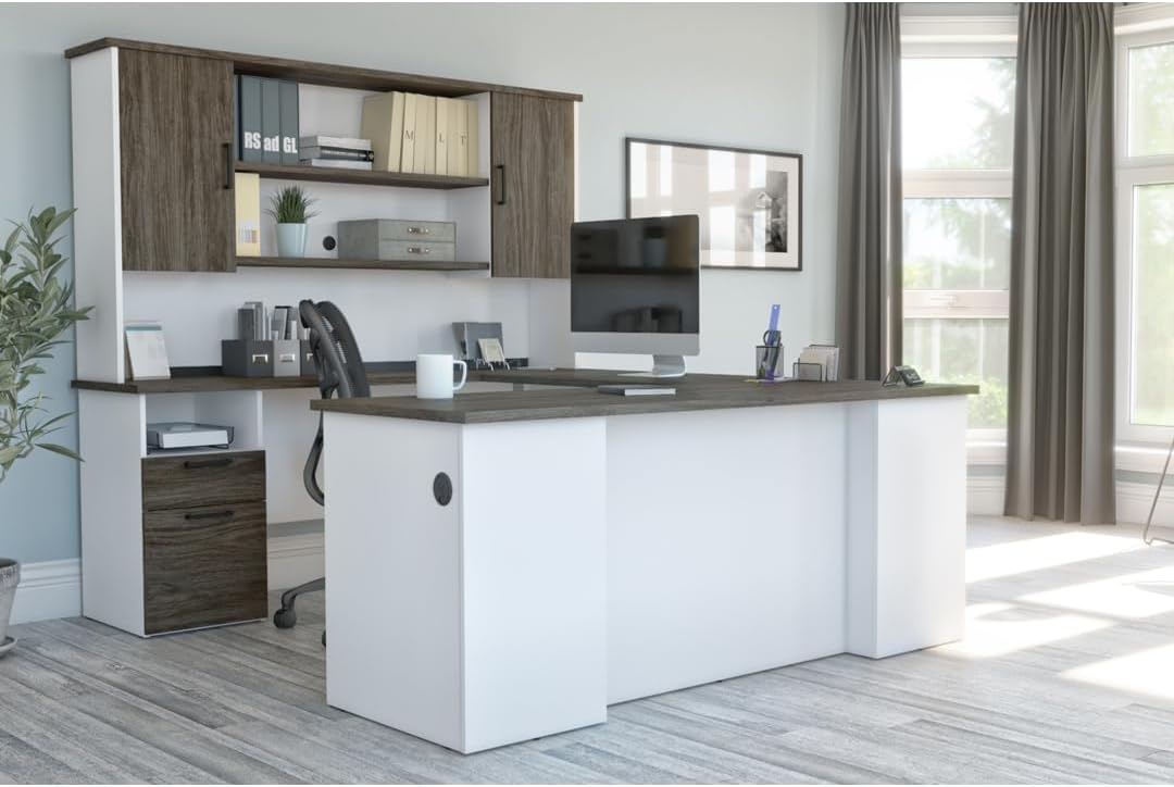 Bestar Norma 71W U or L-Shaped Executive Desk with Hutch in Walnut Grey & White