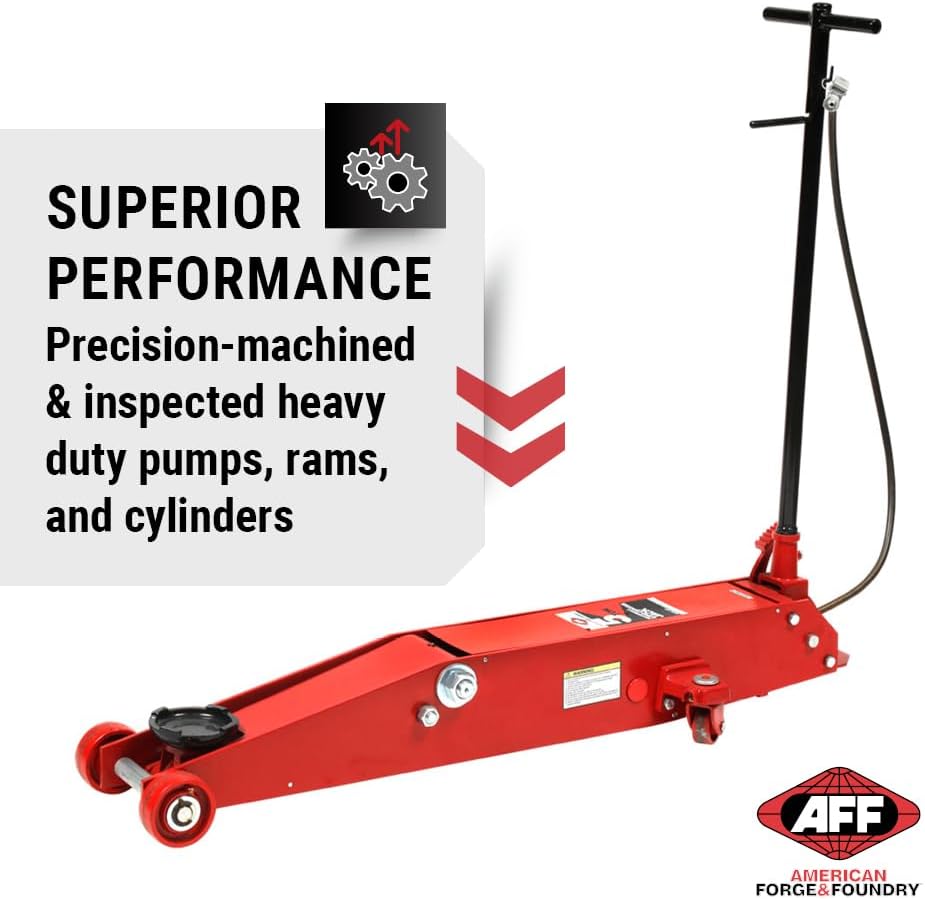 AFF 10 Ton Air Hydraulic Long Chassis Jack - for Long Overhang Vehicles | 10 T Floor Jack with Foot Pump & 3-Position Lock Handle - Ideal for Repair Shops, Bus & Truck Fleets, Heavy Duty Equipment