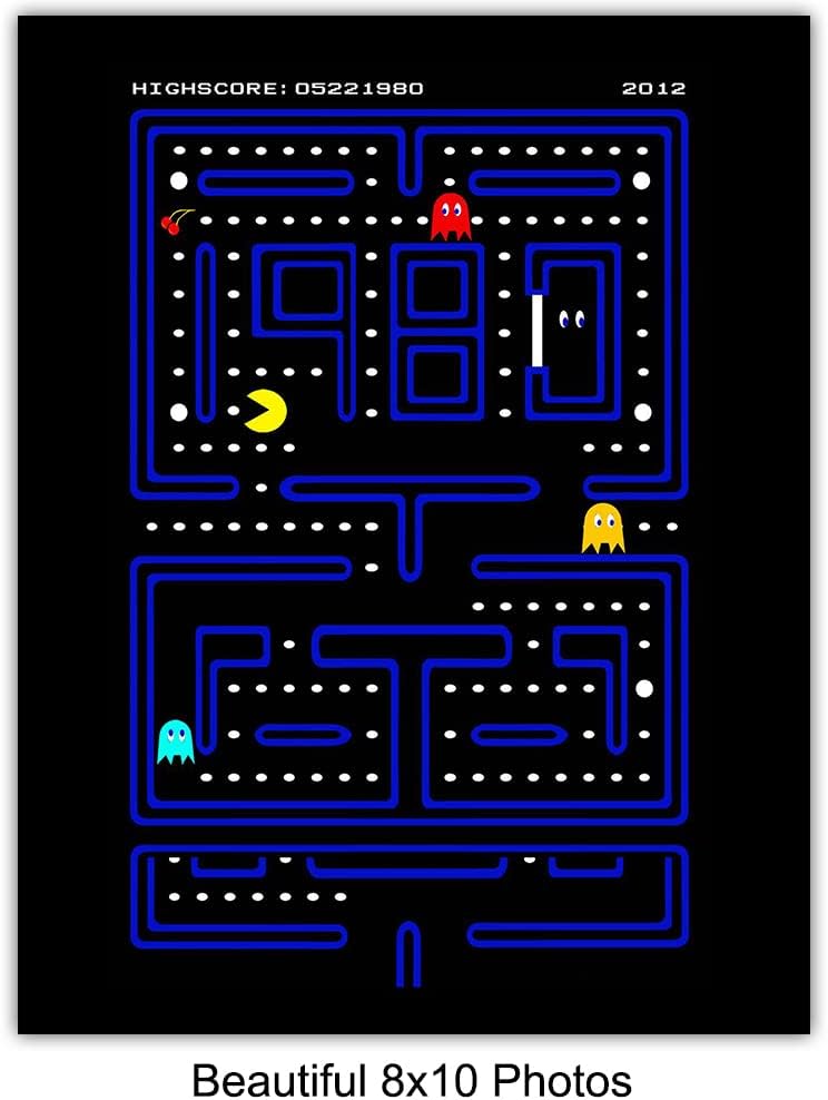 Classic Arcade Games Wall Art Prints - Arcade Decor - 8x10 Set for Man Cave, Den, Family Room, Bar, Bedroom - Gift for Gamers, Video Game, Pacman