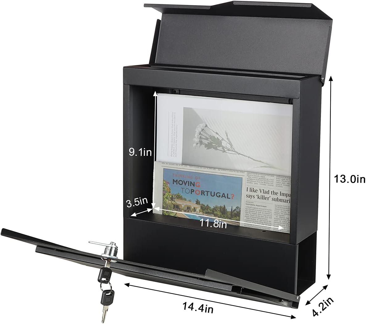 Decaller Large Capacity Mailbox with Key Lock, Wall Mount Metal Mail Box with Newspaper Compartment for Outside, 14.4" x 13" x 4.2", 938 Black