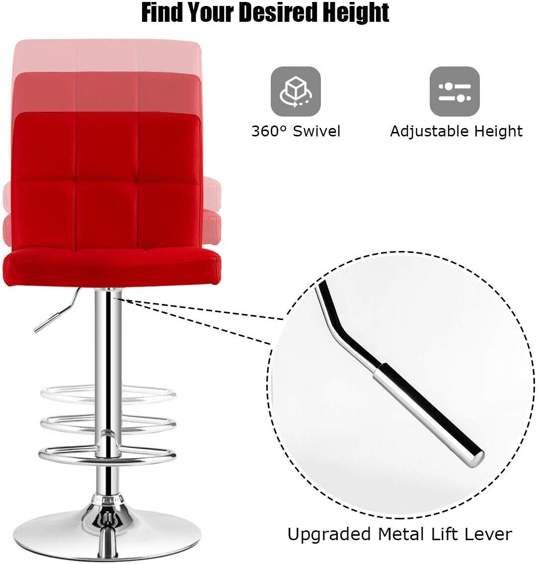 COSTWAY Bar Stool, Modern Swivel Adjustable Height PU Leather Barstools with Back, Square Armless Counter Height Bar Chair for Kitchen Island Dining Living Bistro Pub Counter, Black