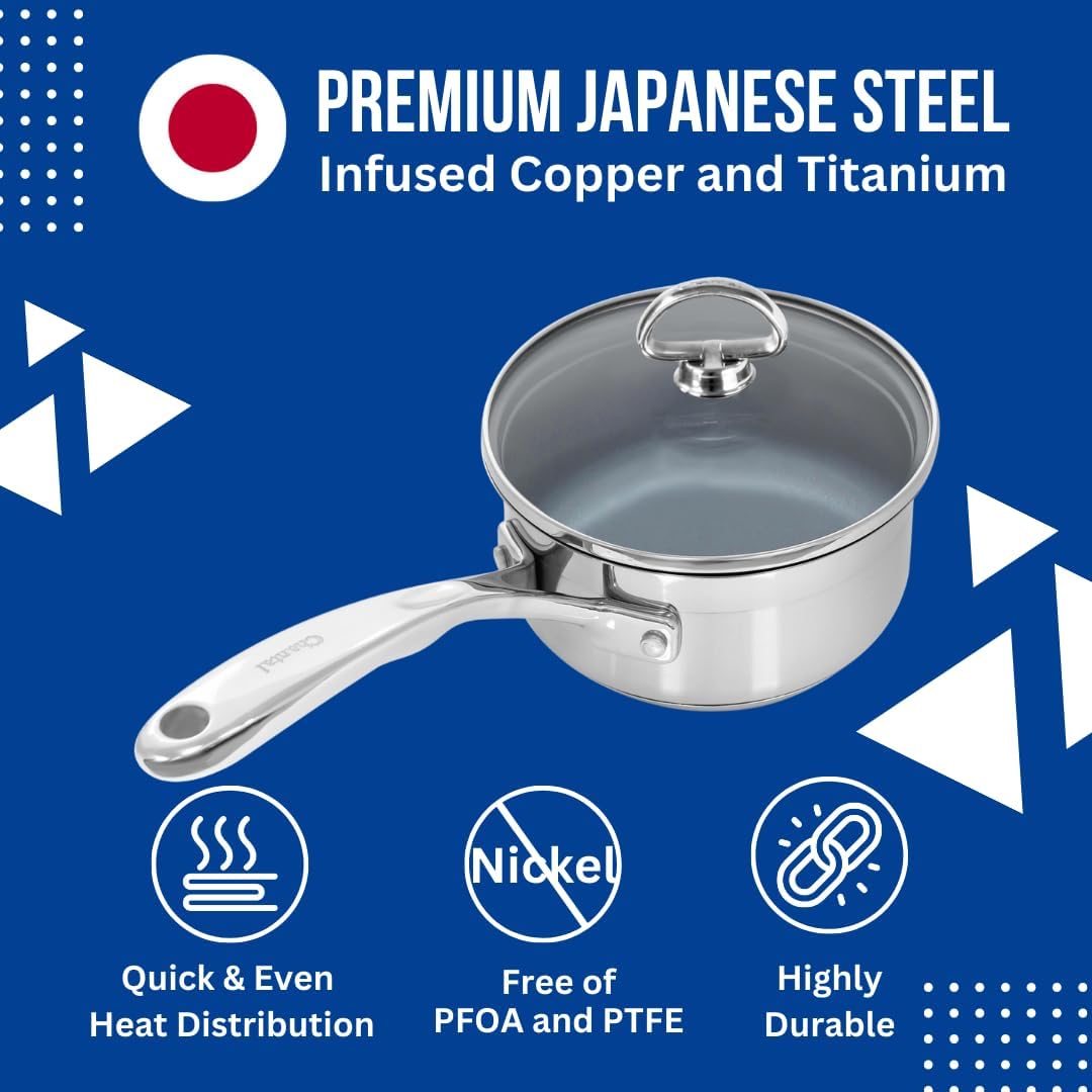 Chantal Induction 21 Steel 1 quart NonStick Saucepan with Tempered Glass Lid, Ceramic Non Stick, Brushed Stainless Steel