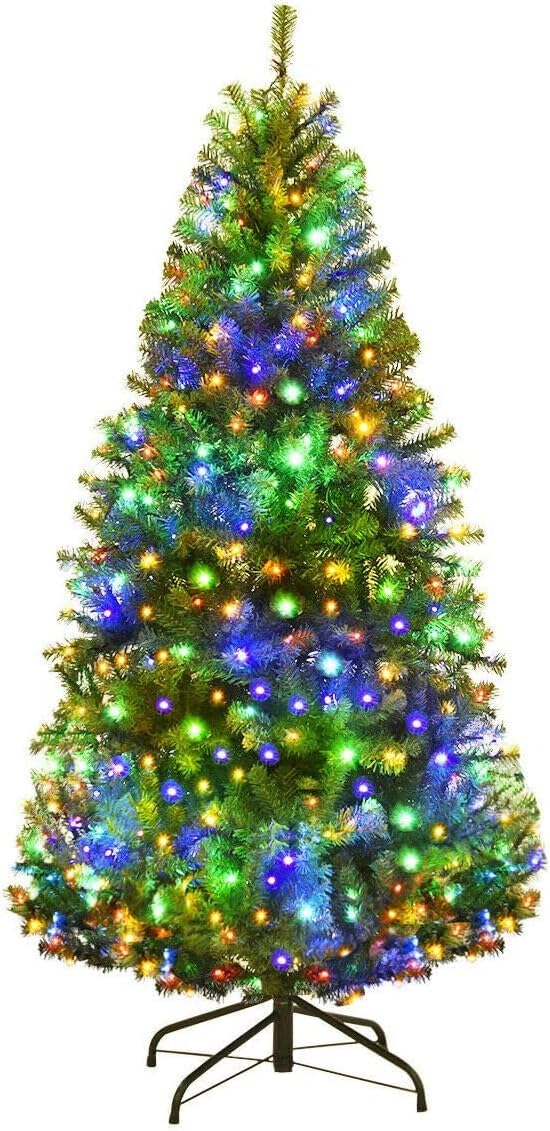 Goplus 7.5ft Pre-Lit Artificial Christmas Tree, Premium PVC Snow Flocked Hinged Pine Tree with Metal Stand and LED Lights