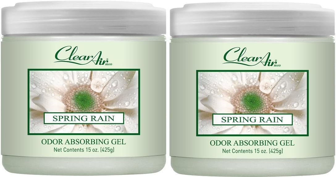 Clear Air 15oz Gel Odor Eliminator - Absorb & Remove Strong Odors from Pets, in Bathrooms, Basements, Garage, Cars, RVs & Boats - Eliminate Tough Odors with Essential Oils (Spring Rain, 2-Pack)