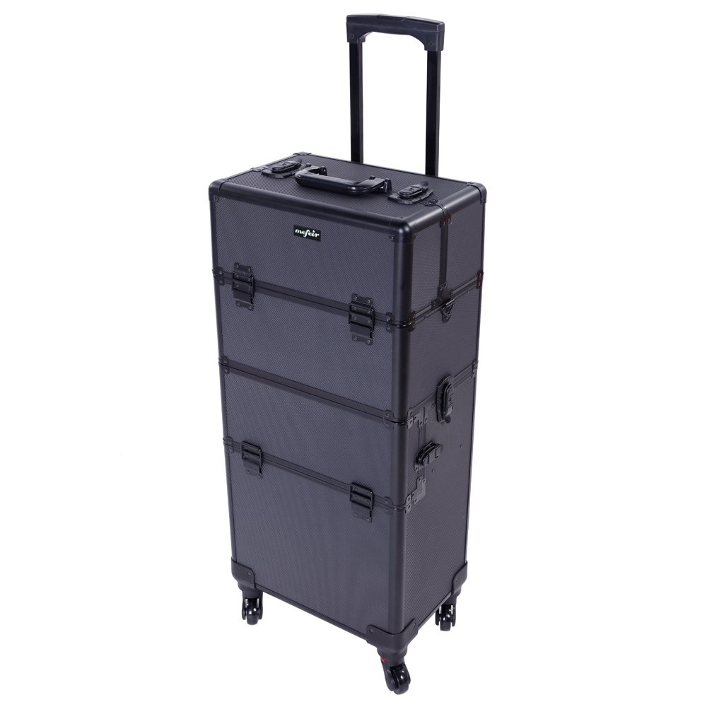 mefeir 2 in 1 Rolling Makeup Train Case Professional Cosmetic trolley on Wheels Aluminum Nail Cart Cosmetic Suitcase for professional makeup artist, Luggage Lockable w/4 Removable Wheels (Black)