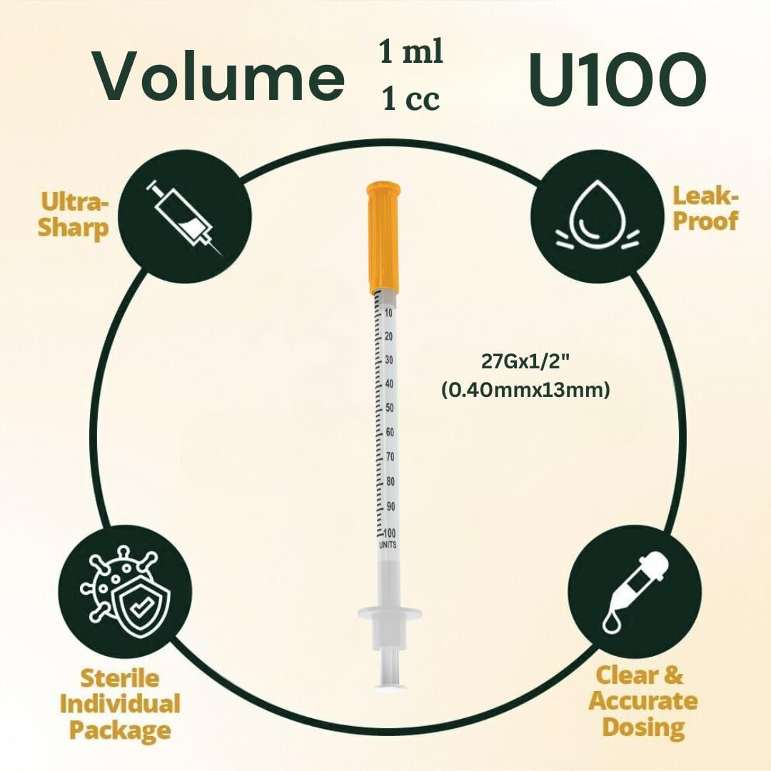 Elimedical Veterinary Insulin Syringe, U-100, 1cc (1ml), 27G x 1/2 inch (12.7mm), Individually Packed, for Pet Cat or Dog, 100 per box, 10LDS2713B
