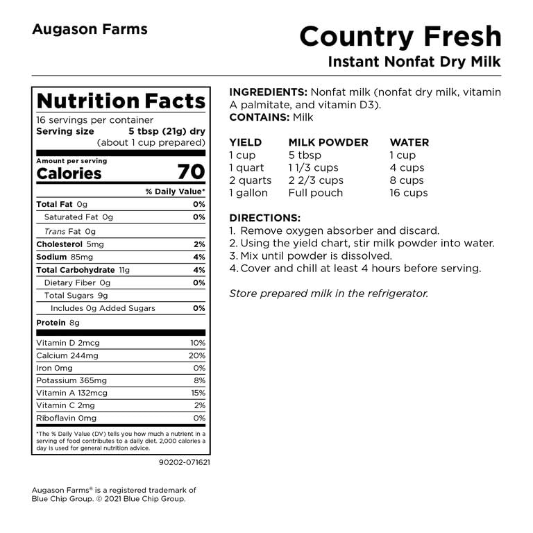 Augason Farms Country Fresh Instant Nonfat Dry Milk Powder | 39 Servings, 20 Year Shelf Life, Gluten Free