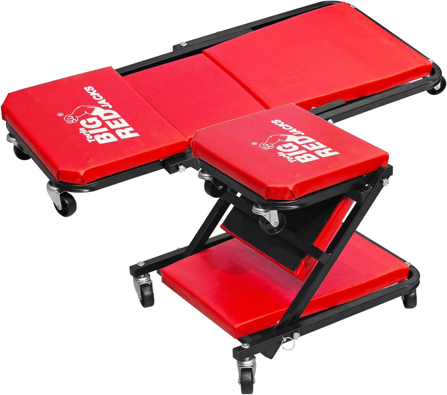 BIG RED TRP6240 Torin Blow Molded Plastic Rolling Garage/Shop Creeper: 40" Mechanic Cart with Padded Headrest, Dual Tool Trays and 6 Casters, Red