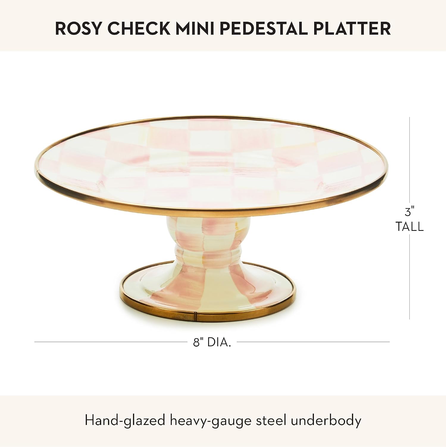 MACKENZIE-CHILDS Pedestal Platter, Mini, Black-and-White Courtly Check | Hand-painted design, made from enameled steel, stackable round cake stand for serving desserts, 8" dia. x 3" H