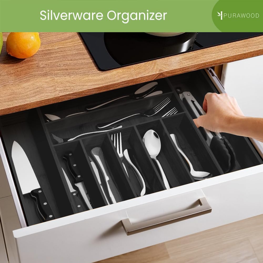 Purawood Kitchen Drawer Organizer - Expandable Utensil Drawer Organizer for Kitchen, Cutlery Tray & Silverware Organizer