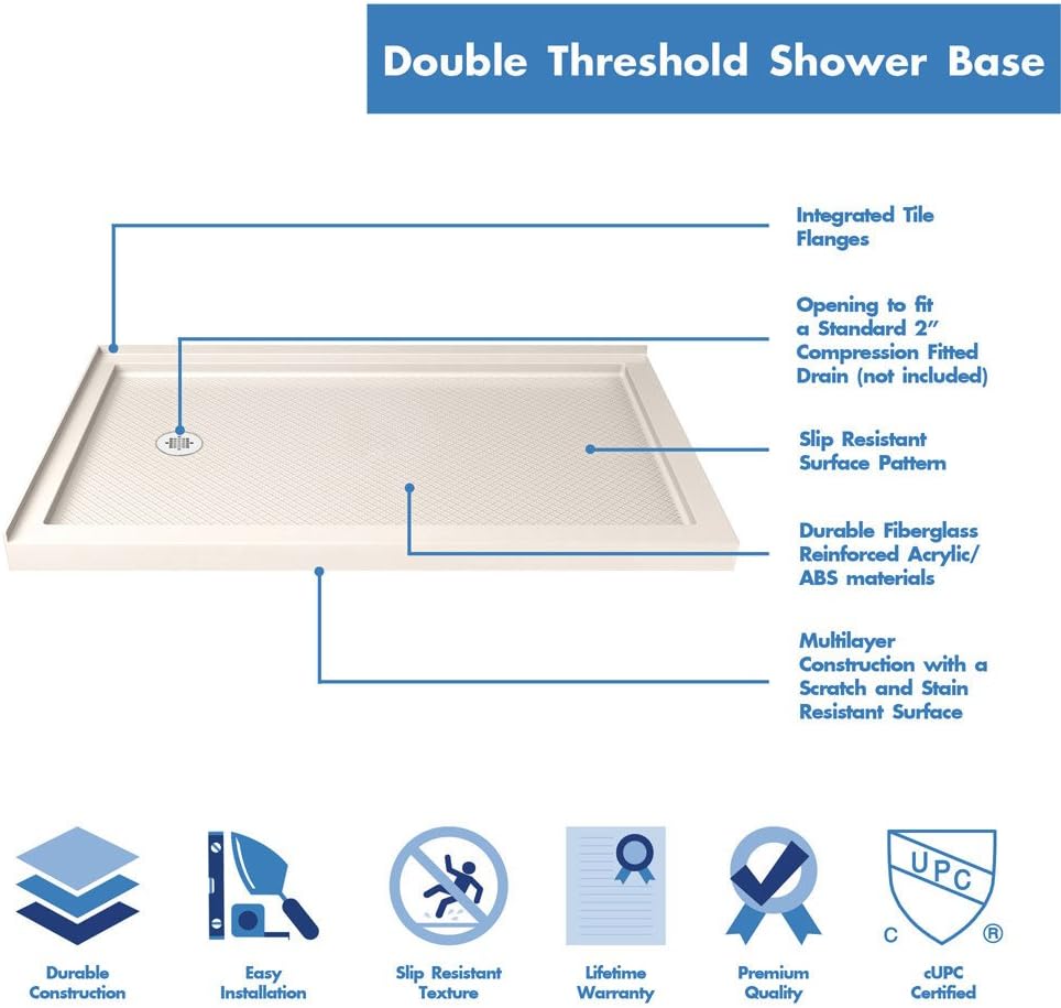DreamLine SlimLine 34 in. D x 48 in. W x 2 3/4 in. H Right Drain Double Threshold Shower Base in White, DLT-1034482