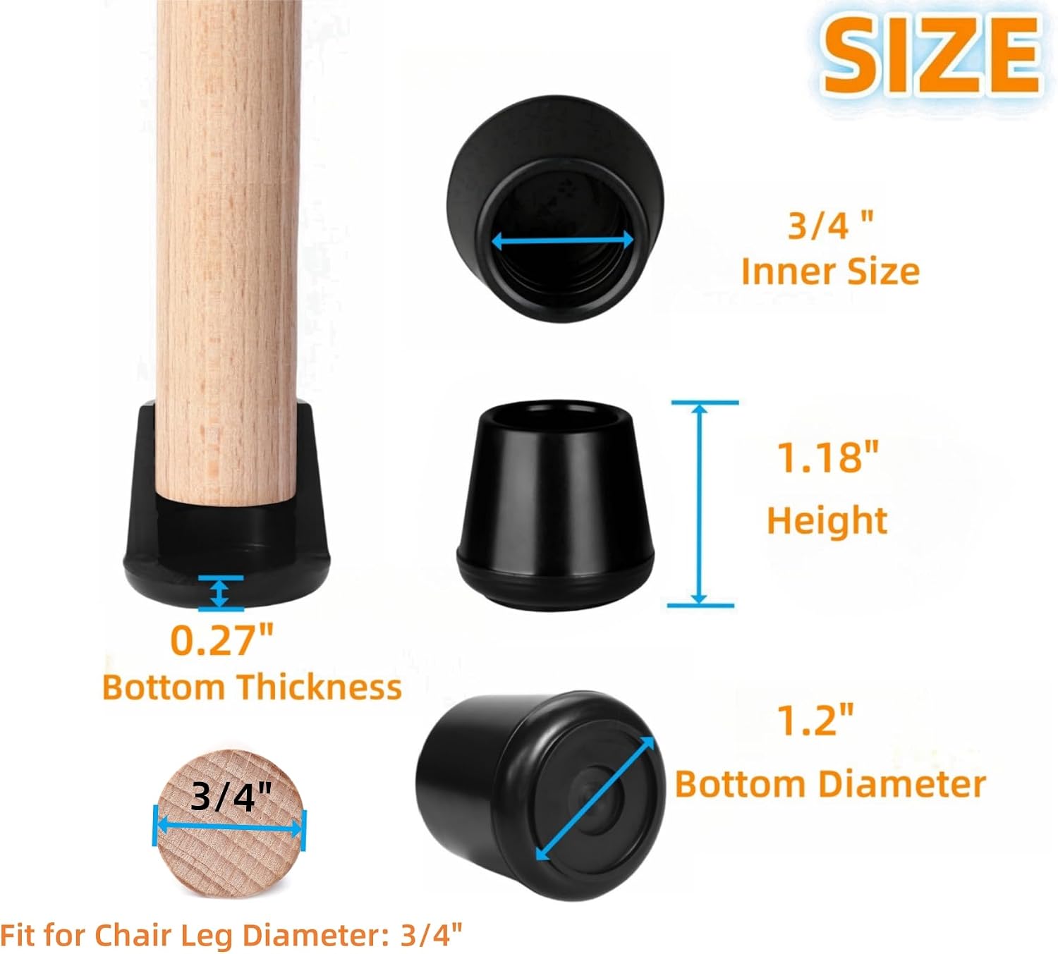 Furnigear Chair Leg Tips Caps Non-Slip Rubber Leg Tips 1-1/2” Inner Diameter Chair Leg Floor Protectors Round Black 4 Pack (Fit Round Diameter