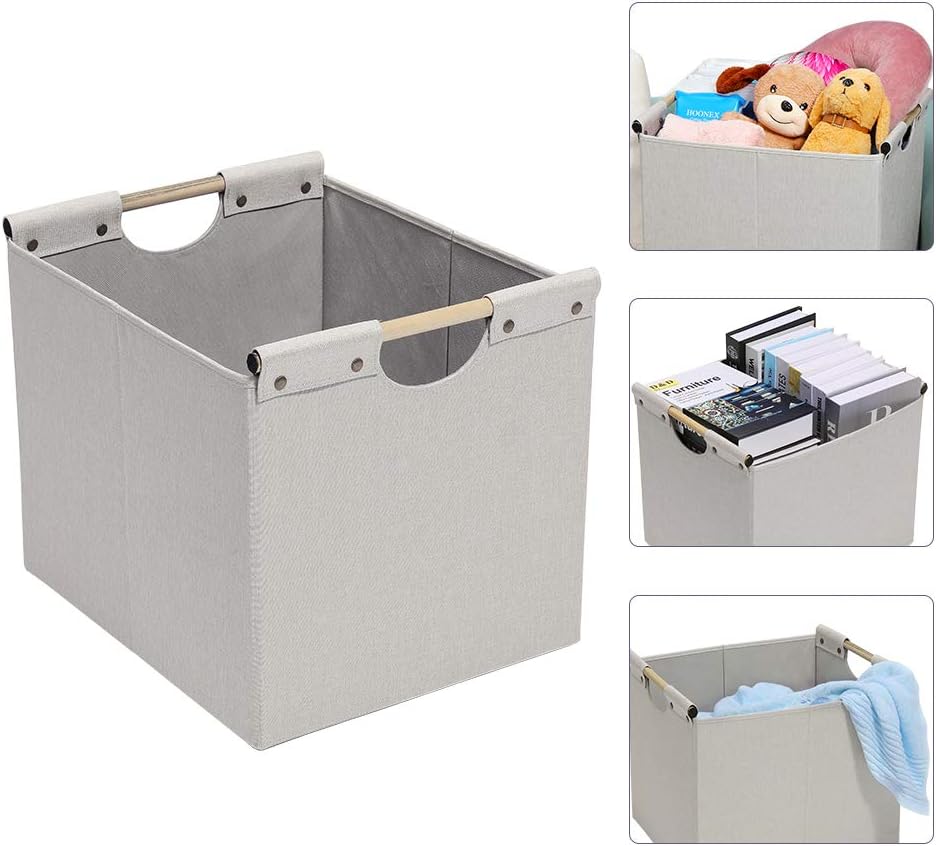 HOONEX Large Collapsible Storage Bins, Linen Fabric, 2 Pack, Storage Baskets with Wooden Carry Handles and Sturdy Heavy Cardboard, for Home, Office